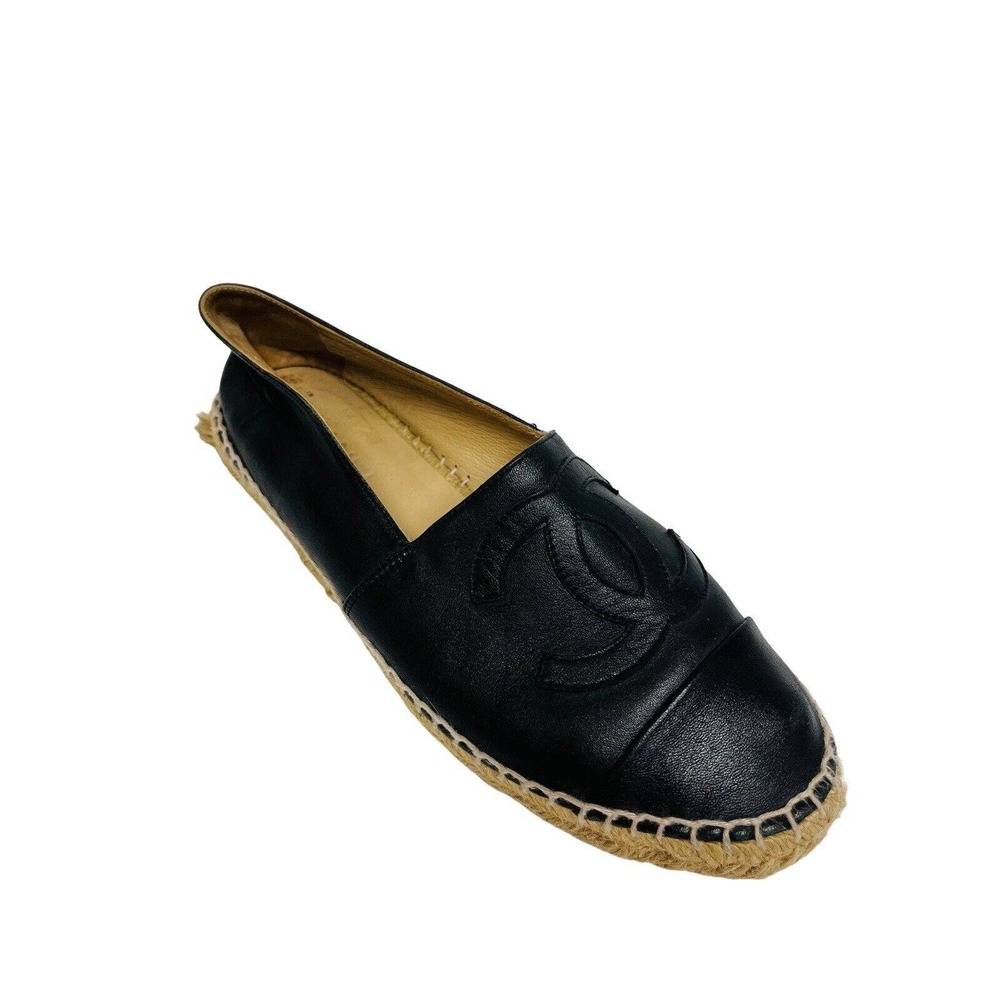 CHANEL Black Lambskin Leather CC Logo Espadrilles Flats Shoes Size 38 - Picture 2 of 9